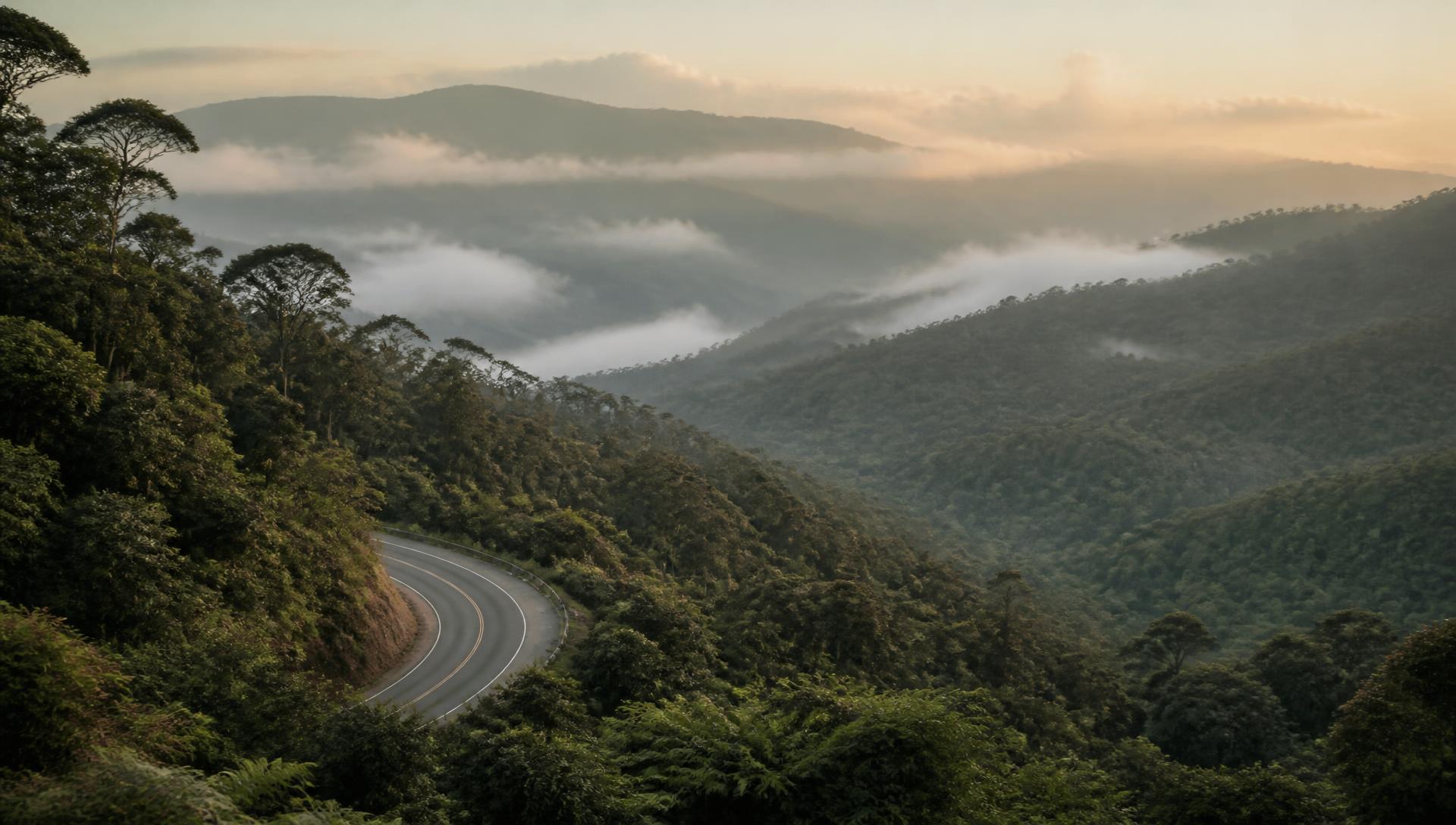 A road winding through misty hinterland rainforest at sunrise