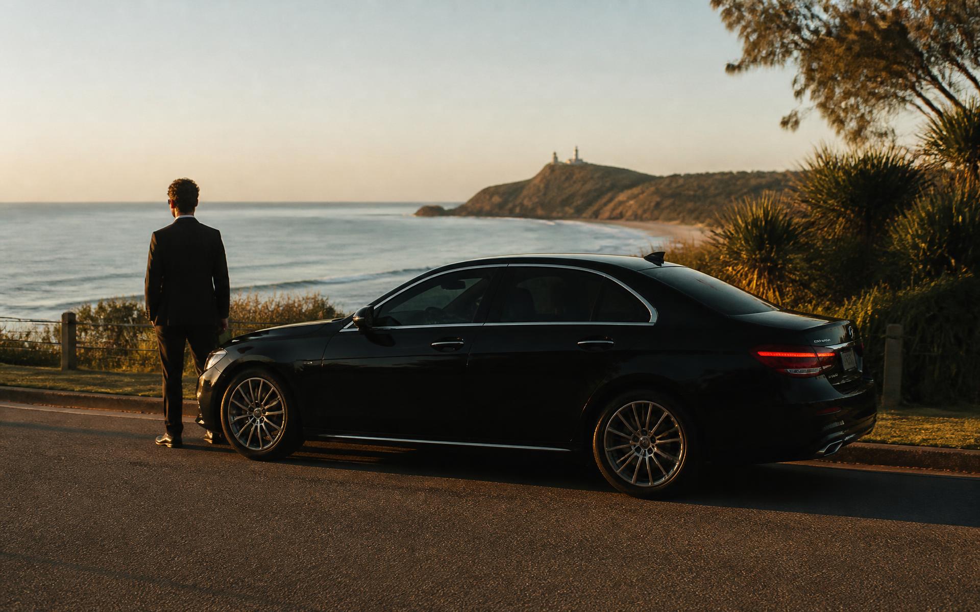 A private chauffeur car parked on the coast road near Byron Bay at sunset