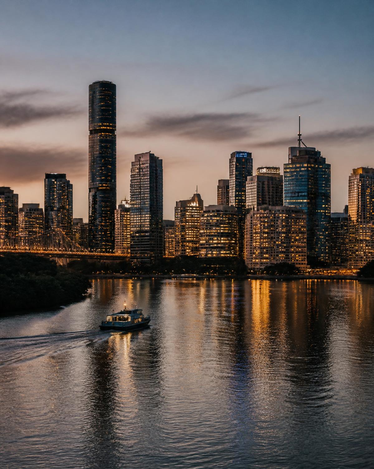 Brisbane city skyline and river at dusk